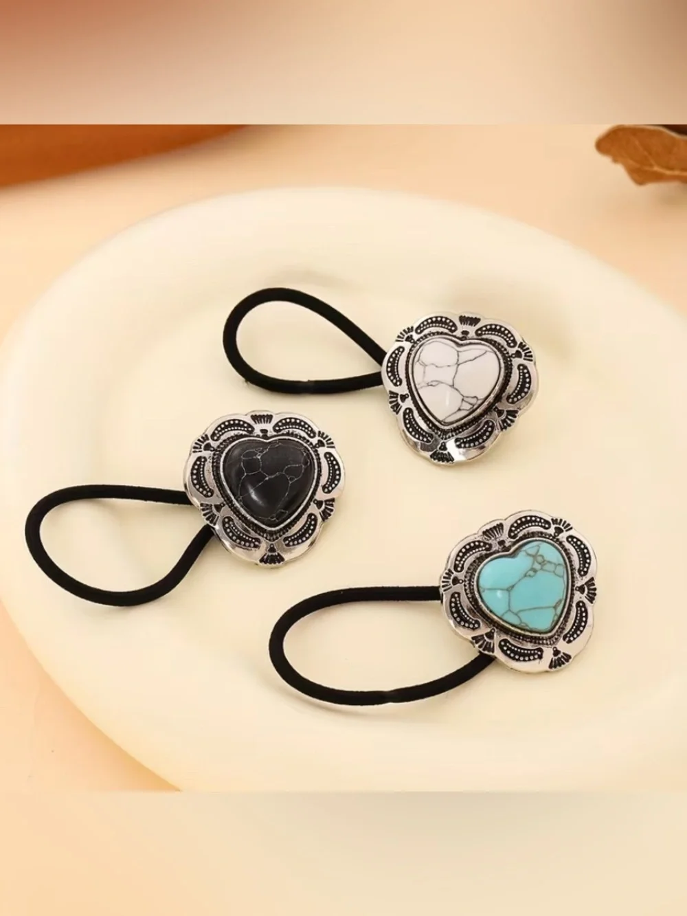 WESTERN Heart Stone Elastic Hair Tie Set - Turquoise, White & Black